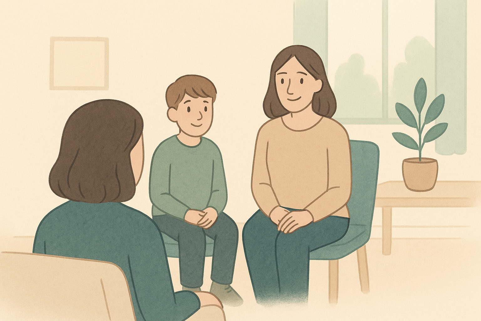 Illustration einer Therapieszene: Kind, Elternteil und Therapeutin im Gespräch
